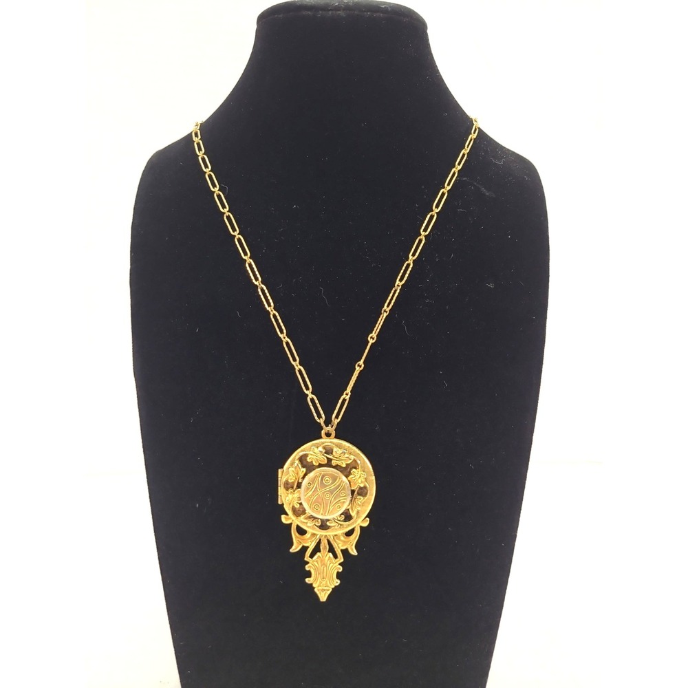 Vintage Ornate Locket Pendant MCM Floral Foldtone Necklace